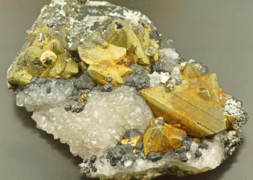 Tetrahedrite, chalcopyrite-coated with galena on quartz.
Herodsfoot Mine, Lanreath, Cornwall, England, UK.
5 cm specimen, tetrahedrite crystals to 2 cm on edge. (Author: Ru Smith)