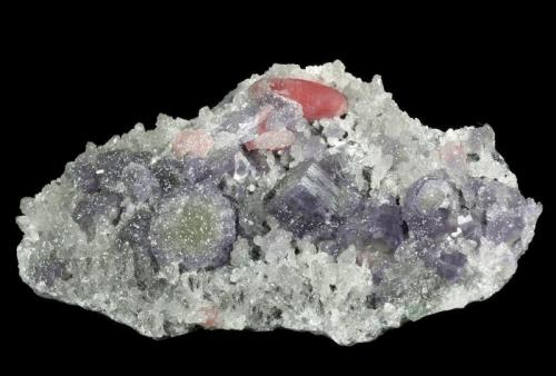Fluorapatite on Quartz with Rhodochrosite

Wutong Mine, Liubao, Cangwu Co., Wuzhou Prefecture, Guangxi Zhuang A.R., China
100 x 59 x 40 mm

Multiple purple Apatites with greenish cores, to 15 x 5 mm on matrix of small Quartz crystals, accented by a Rhodochrosite disc measuring 19 mm across. (Author: GneissWare)