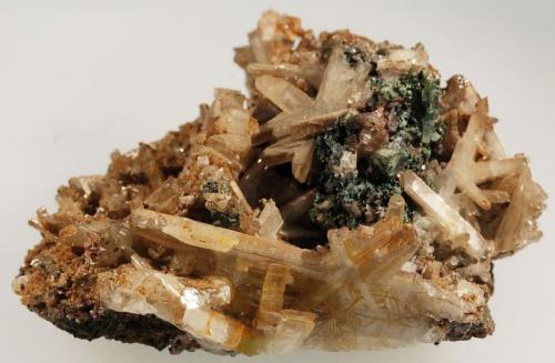 Cerusita
Tsumeb, Otjikoto Region, Namibia
6 x 4,5 x 3
Varias maclas cíclicas de cerusita en m {110} que se suelen considerar habitualmente "sixlings" (de seis individuos) y que forman estructuras reticulares como la que se aprecia en primer plano. Ese cristal mayor mide 4 cm. (Autor: Antonio Alcaide)