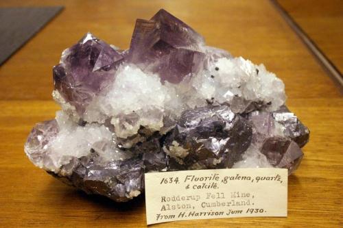 fluorite, galena and quartz
Rotherhope Fell Mine, Alston Moor, Cumbria
approximately 12 cm across.
Specimen was collected from the Tynebottom flats circa 1930 and was acquired by Sir Arthur Russell. It is now with the rest of his collection in the Natural History Museum, London. (Author: Jesse Fisher)