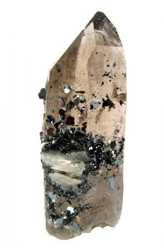 Smoky quartz, hematite ("iron rose")
Furka pass area, Urseren, Uri, Switzerland
Crystal height 7 cm (Author: Tobi)