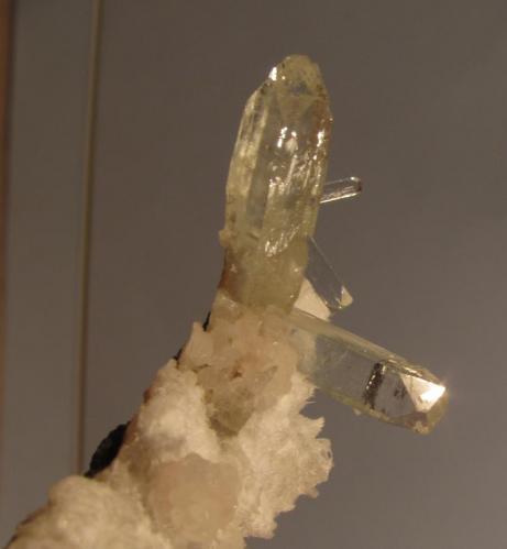 Apophyllite + Thomsonite
Moonen Bay, Isle of Skye, Scotland, UK
Crystals 17mm + 22mm
Nice pair of larger apophyllite crystals from the same cavity, on a thin slice of basalt matrix, with white thomsonite. A feature of these apophyllites is the smaller thin crystals penetrating the larger ones; very interesting when magnified. Collected 2013. (Author: Mike Wood)