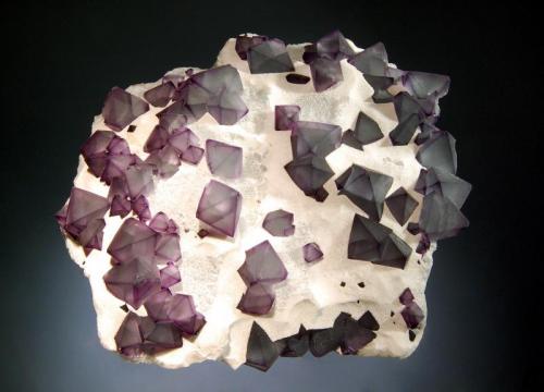 Fluorite
De’an Mine, Wushan, De’an Co., Jiujiang Pref., Jiangxi Prov., China
12.0 x 13.2 cm
Octahedral green fluorite crystals with purple edges etched from a plate of white quartz. (Author: crosstimber)