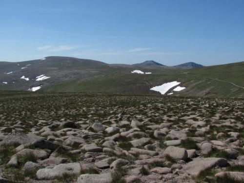 Six weeks later and the scene is much less snowy. A one day lightweight trip to Ben Macdui. Suncream and sunhat essential. Extremely pleasant walking though, and miles can be covered at a fast pace. (Author: Mike Wood)