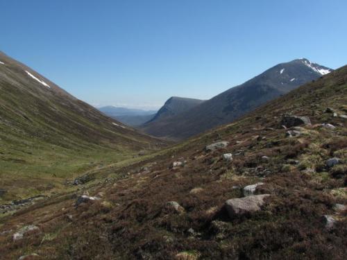 On my way back to my bivi place, crossing the Lairig Ghru for the second time. At least the cloud has gone, revealing a much greener vista, looking south down the valley where the river Dee flows. (Author: Mike Wood)