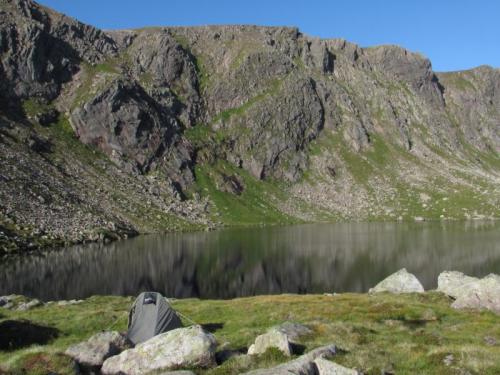 Wild camping by the Dubh Lochan (’Small Black Lake’) at 3,000ft. A great place to stay and get away from ’civilisation’ - I think that’s what they call it. I saw some bipeds about a kilometre distant on one occasion, but apart from that I saw no-one for three days. (Author: Mike Wood)
