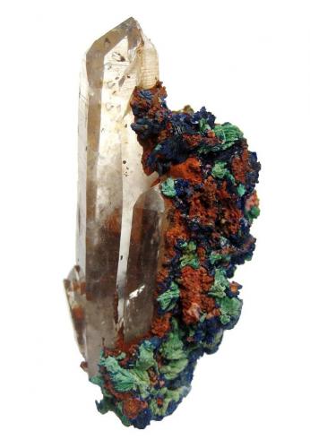 Quartz (double-terminated), azurite, malachite
Mecissi (Mcissi), Er Rachidia Province, Meknès-Tafilalet Region, Morocco
Specimen height 7,5 cm, quartz crystal 6,5 cm (Author: Tobi)