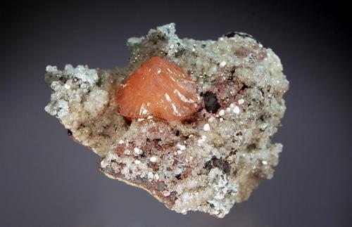 Olmiite
N’Chwaning II Mine, Kuruman, N. Cape Prov., South Africa
4.0 x 6.0 cm
Drusy, colorless calcite with a 1.9 cm group of lustrous, peach-colored olmiite and small white spherical masses of oyelite. (Author: crosstimber)