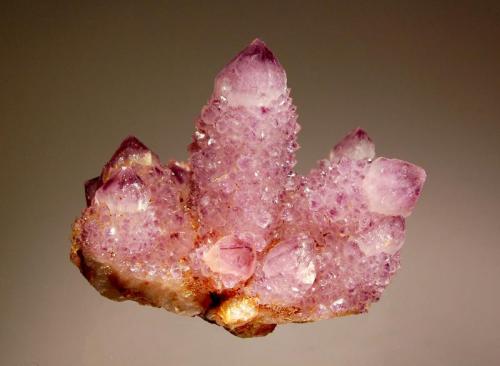 Quartz var. amethyst
Boekenhoutshoek, Mkobola Dist., Mpummalanga Prov., South Africa
5.5 x 6.5 cm
A small group of lilac-colored amethyst crystals with prism faces overgrown by small amethyst crystals, locally known as “cactus quartz” (Author: crosstimber)