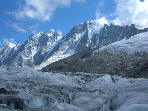 View from the Glacier D’ Argentière towards the north faces of les Droites and Aiguille Verte.
Photo taken July 2005. (Author: Mike Wood)