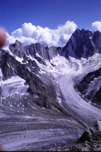 Grandes Jorasses(4208m) and the Glacier de Leschaux, from the summit of Aiguille du Moine(3412m).
Photo scanned from slide.
Photo taken August 1991, scanned from slide. (Author: Mike Wood)