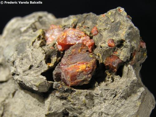 Rejalgar<br />Mina La Soterraña, Ladera Sur del Monte Campusas, Pola de Lena, Lena, Comarca del Caudal, Principado de Asturias (Asturias), España<br />Cristal mayor 1,2 x 1,2 cm<br /> (Autor: Frederic Varela)