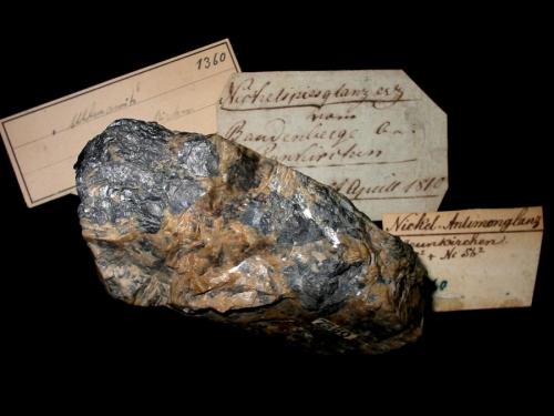 Ullmannite, siderite
Bautenberg mine, Wilden, Siegerland, Northrhine-Westphalia, Germany
9 x 6 cm
One of the specimens collected by J.C. Ullmann in 1810 with original handwritten label. (Author: Andreas Gerstenberg)