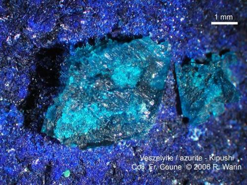 Veszelyite, azurite
Kipushi, Katanga, D.R. Congo (Author: Roger Warin)