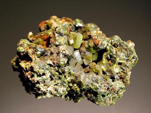 Pyromorphite
Mercur Mine, Bad Ems, Rhineland-Palatinate, Germany
4.2 x 5.3 cm
Barrel-shaped pyromorphite crystals on a crystallized and massive pyromorphite matrix. (Author: crosstimber)