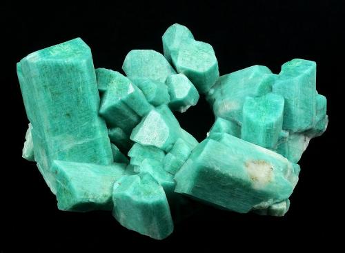 Microcline ( var. Amazonite ) with Albite
Confetti Pocket, Smoky Hawk Mine, Buckner Pegmatite, Florissant, Teller Co., Colorado, USA

143 x 107 x 70 mm overall

Largest crystal is 70 mm long. (Author: GneissWare)