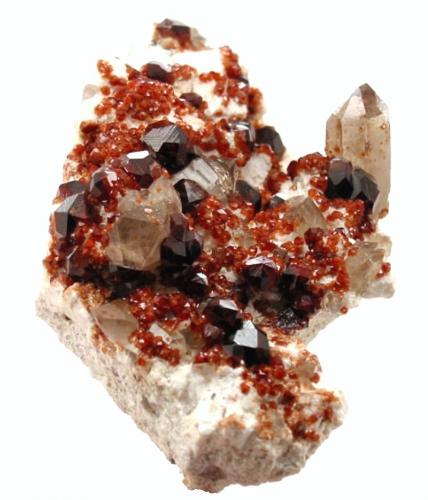 Spessartine, smoky quartz
Wushan Spessartine Mine, Tongbei, Yunxiao Co., Zhangzhou Prefecture, Fujian Province, China
Specimen size 8 cm

Spessartine (two generations?), smoky quartz (Author: Tobi)