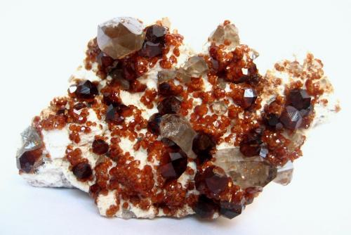 Spessartine, smoky quartz
Wushan Spessartine Mine, Tongbei, Yunxiao Co., Zhangzhou Prefecture, Fujian Province, China
Specimen size 8 cm

Spessartine (two generations?), smoky quartz (Author: Tobi)