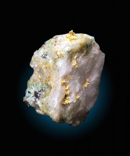 Oro en cuarzo, con stibnita y malaquita
Mina Maria Rosa, Valencia de Alcántara, Cáceres, Extremadura, España
5.5x3cm (Autor: Raul Vancouver)