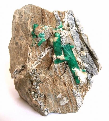 Emerald (with some minor pyrite and calcite)
Chivor Mine, Mun. de Chivor, Guavió-Guatéque Mining District, Boyacá Department, Colombia
Specimen size 7 cm, largest crystal 2,5 cm (Author: Tobi)