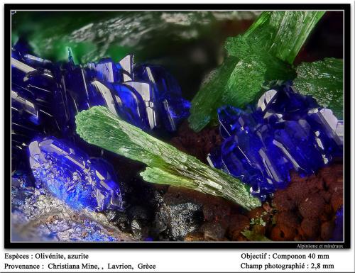 Olivenite, azurite
Christiana Mine, Kamariza Mines, Agios Konstantinos, Lavrion, Attikí, Greece
3 mm (Author: ploum)