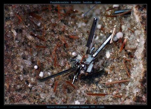 Pseudobrookita - Enstatita - Sanidina - Ópalo
Canteras de la Aljorra, Cerro de la Cabezuela, La Aljorra, Cartagena, Murcia, España
15mm
InetProspection -  la exploración en el 2014 (Autor: pfont)