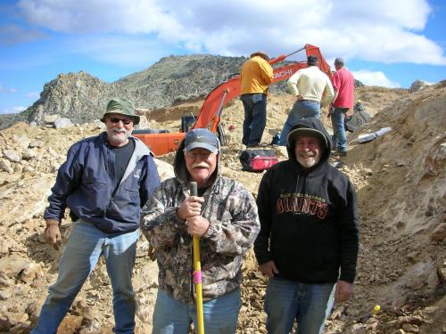The motley crew of Tony Potucek, Ken Roberts, and Neil Prenn enjoying a brief respite during the quartz dig.  Photo by Scott Werschky. (Author: Tony L. Potucek)