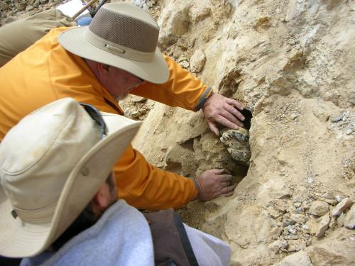 Ian Merkel and Nick Skirkanich exposing a nice large quartz crystal point. (Author: Tony L. Potucek)