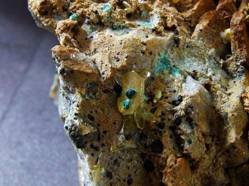 Wulfenite and Malachite.
Saindak Cu Deposit, Chagai, Baluchistan, Pakistan.
Wulfenite to 5 mm (Author: nurbo)