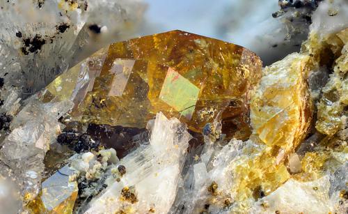 Titanita sobre prehnita.<br />Minera II Quarry, Cerros del Lobo, Las Cabezas de San Juan, Comarca Bajo Guadalquivir, Seville, Andalusia, Spain<br />Cristal de 6 x 3 mm.<br /> (Autor: Antonio Carmona)