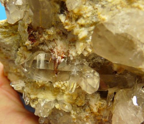 Quartz var. smoky, feldspar, dolomite and rutile
Van Rhynsdorp, Western Cape, South Africa.
195 x 160 x 130 mm
Rutile in and on Quartz.  Same as above. (Author: Pierre Joubert)