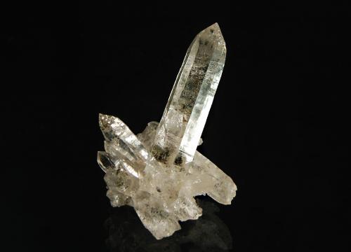 Quartz
Colle Vaccera, Val Pelice, Torino Prov., Piemonte, Italy
3.5 x 4.3 cm
A small group of transparent quartz crystals associated  with small specks of dark green epidote (Author: crosstimber)