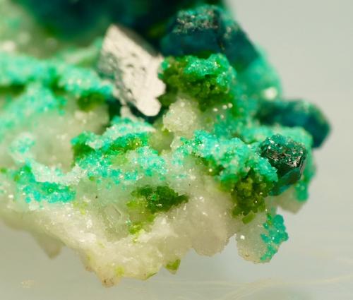 Dioptase, calcite and duftite.
Tsumeb, Namibia
Field of view, approx. 11 mm
Same specimen as above. (Author: Pierre Joubert)