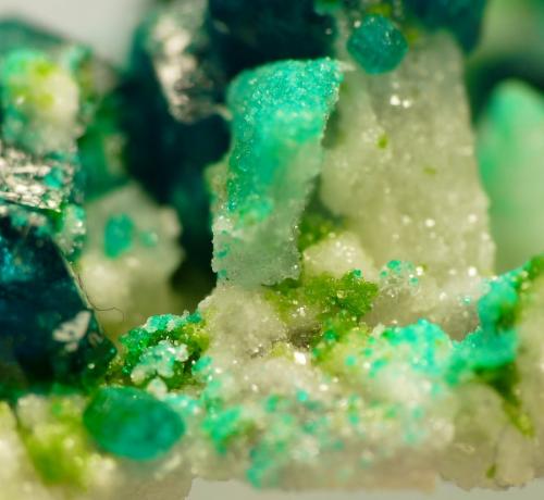 Dioptase, calcite and duftite.
Tsumeb, Namibia
Field of view, approx. 10 mm
Same specimen as above. (Author: Pierre Joubert)