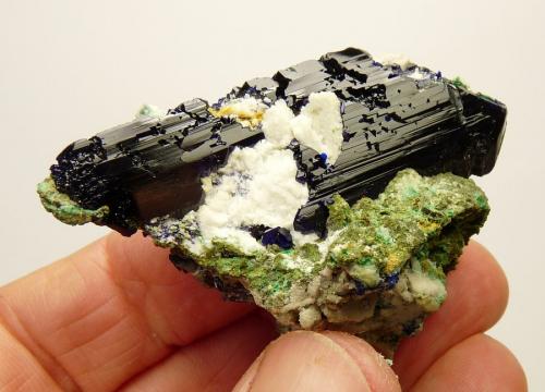 Azurite, calcite, malachite, and duftite.
Tsumeb, Namibia
61 x 40 x 28 mm (Author: Pierre Joubert)