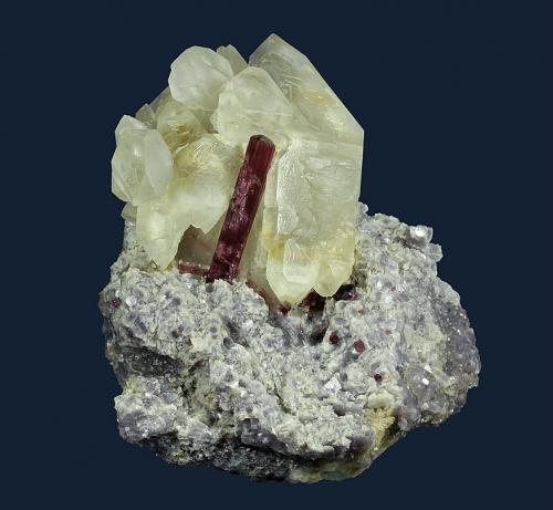 Elbaite on Quartz with Lepidolite<br />Araçuaí, Vale do Jequitinhonha, Minas Gerais, Brazil<br />125.0 x 105.0 x 82.0 mm<br /> (Author: GneissWare)