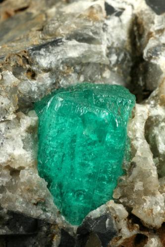 Beryl (variety emerald), Calcite<br />Coscuez mining district, Municipio San Pablo de Borbur, Western Emerald Belt, Boyacá Department, Colombia<br />Detail - FOV=4cm<br /> (Author: Fiebre Verde)