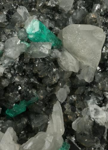 Beryl (variety emerald), Calcite<br />Coscuez mining district, Municipio San Pablo de Borbur, Western Emerald Belt, Boyacá Department, Colombia<br />Detail - FOV=5cm<br /> (Author: Fiebre Verde)