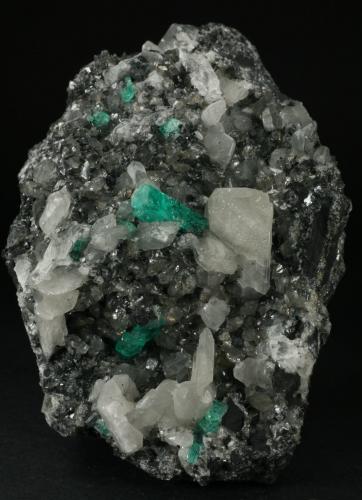 Beryl (variety emerald), Calcite<br />Coscuez mining district, Municipio San Pablo de Borbur, Western Emerald Belt, Boyacá Department, Colombia<br />95x75x75mm - main emerald xl=15mm<br /> (Author: Fiebre Verde)