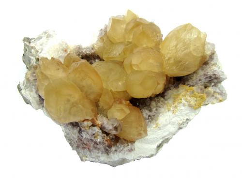 Calcite, amethyst<br />Juchem Quarry, Niederwörresbach, Herrstein, Hunsrück, Rhineland-Palatinate/Rheinland-Pfalz, Germany<br />Specimen size 13 cm, largest calcite crystal 3 cm<br /> (Author: Tobi)