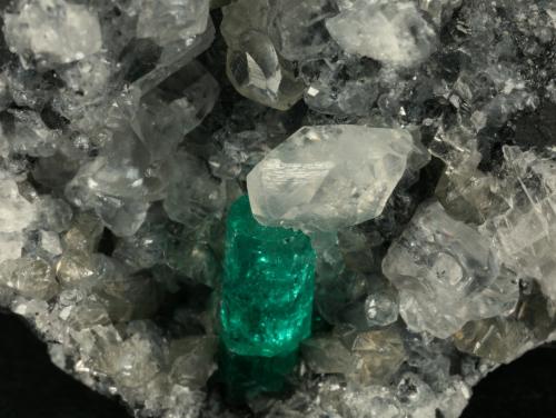 Beryl (variety emerald), Calcite<br />Coscuez mining district, La Tabla Mine, Municipio San Pablo de Borbur, Western Emerald Belt, Boyacá Department, Colombia<br />Detail - FOV=2cm<br /> (Author: Fiebre Verde)