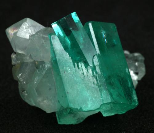 Beryl (variety emerald), Calcite<br />Muzo mining district, Western Emerald Belt, Boyacá Department, Colombia<br />Main crystal = 13mm<br /> (Author: Fiebre Verde)