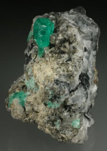 Beryl (variety emerald), Calcite<br />Coscuez mining district, Municipio San Pablo de Borbur, Western Emerald Belt, Boyacá Department, Colombia<br />35x40x55mm<br /> (Author: Fiebre Verde)