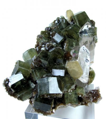 Fluorapatite, quartz, siderite, muscovite and calcite-dolomite<br />Minas da Panasqueira, Aldeia de São Francisco de Assis, Covilhã, Castelo Branco, Cova da Beira, Centro, Portugal<br />110mm x 72mm. Main fluorapatite crystal size: 30mm wide, 12mm tall. Main quartz crystal size: 41mm tall, 17mm wide<br /> (Author: Carles Millan)