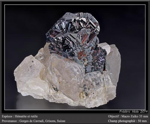 Hematite and Rutile on Quartz<br />Cavradi, Curnera Valley, Tujetsch (Tavetsch), Vorderrhein Valley, Grischun (Grisons; Graubünden), Switzerland<br />fov 50 mm<br /> (Author: ploum)