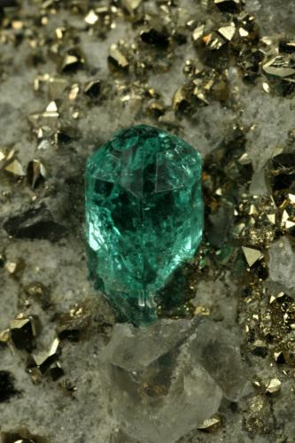 Beryl (variety emerald), Calcite, Pyrite<br />Chivor mining district, El Acuario Mine, Municipio Chivor, Eastern Emerald Belt, Boyacá Department, Colombia<br />xl=5mm<br /> (Author: Fiebre Verde)