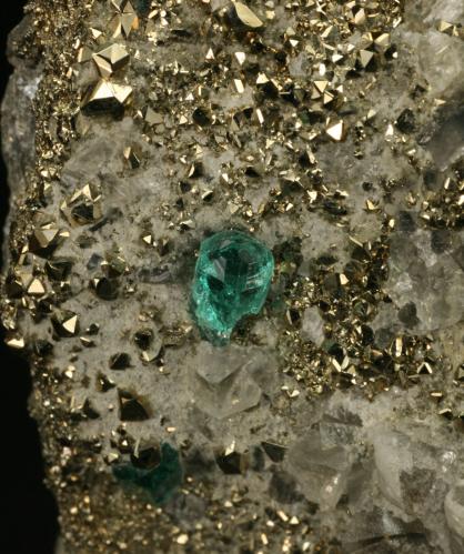 Beryl (variety emerald), Calcite, Pyrite<br />Chivor (distrito minero), Mina El Acuario, Municipio Chivor, Cinturón Esmeraldífero Oriental, Departamento Boyacá, Colombia<br />xl=5mm<br /> (Author: Fiebre Verde)