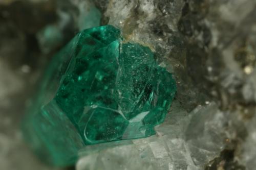 Beryl (variety emerald), Calcite, Pyrite<br />Chivor mining district, Municipio Chivor, Eastern Emerald Belt, Boyacá Department, Colombia<br />Detail - xl=9mm<br /> (Author: Fiebre Verde)