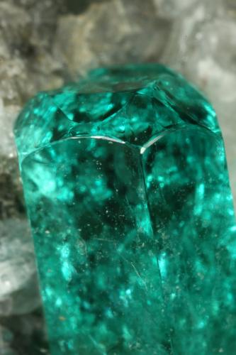 Beryl (variety emerald), Calcite, Pyrite<br />Chivor mining district, Municipio Chivor, Eastern Emerald Belt, Boyacá Department, Colombia<br />Detail - xl=9mm<br /> (Author: Fiebre Verde)