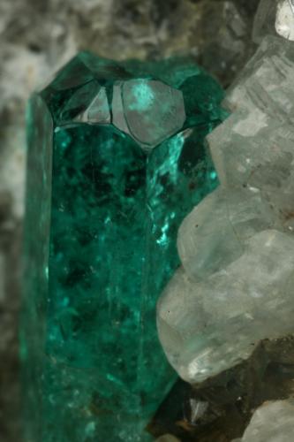 Beryl (variety emerald), Calcite, Pyrite<br />Chivor mining district, Municipio Chivor, Eastern Emerald Belt, Boyacá Department, Colombia<br />Detail - xl=9mm<br /> (Author: Fiebre Verde)